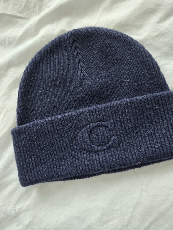 Coach Accessories - Coach Navy Ribbed Beanie with Logo Tag